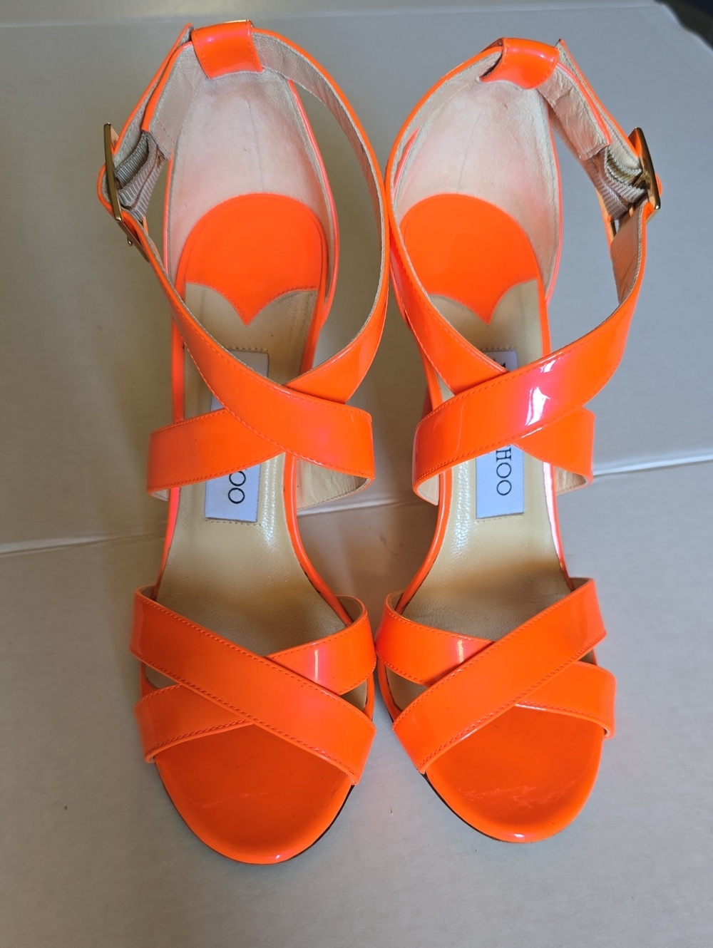 Jimmy Choo Neon Orange Patent Leather Crisscross Heels
